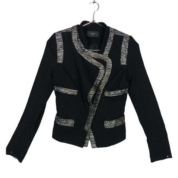 Comme Moi Moto Blazer Size Small Black with Silver Knit Accents Slanted Zipper - Picture 2 of 8